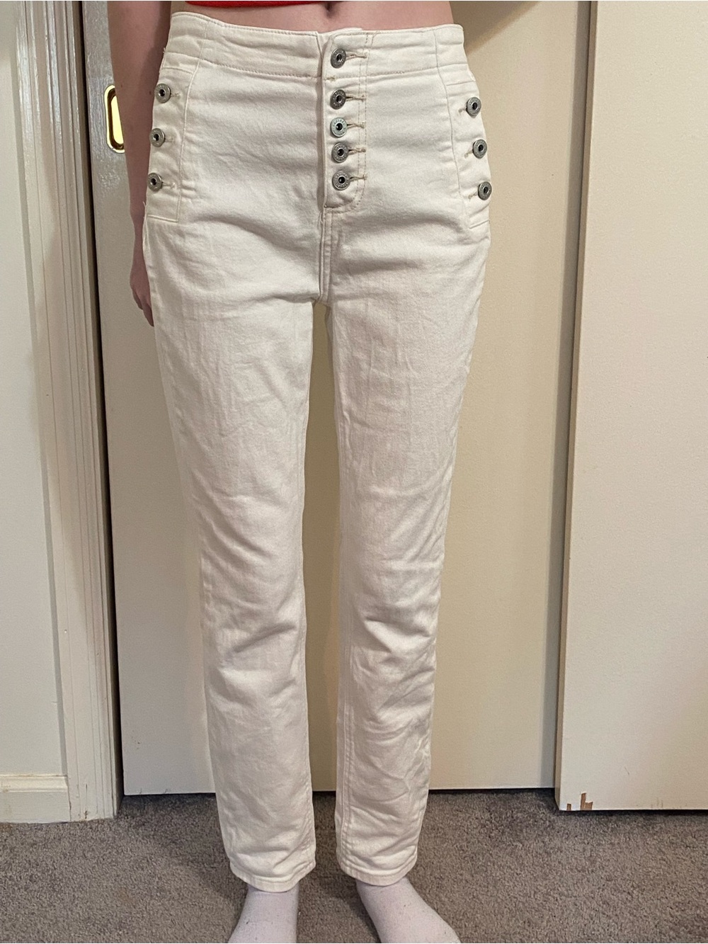Chelsea & Violet Cream High-Rise Button-Front Jeans minimalist denim structured